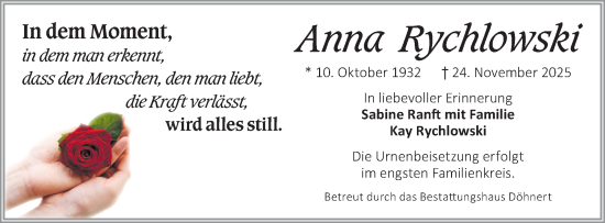 Traueranzeige von Anna Rychlowski von Märkische Oderzeitung