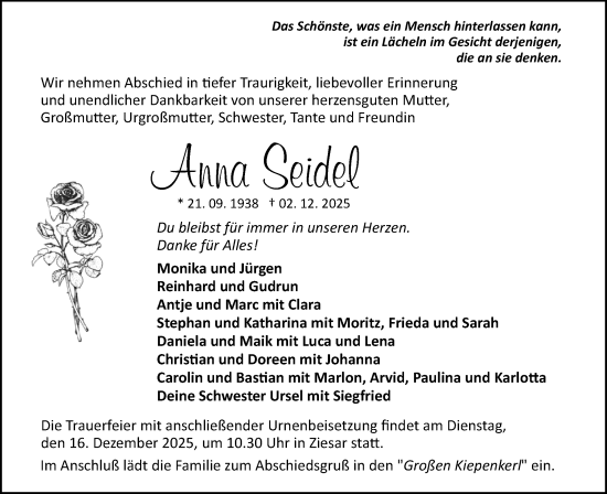 Traueranzeige von Anna Seidel von Märkische Oderzeitung