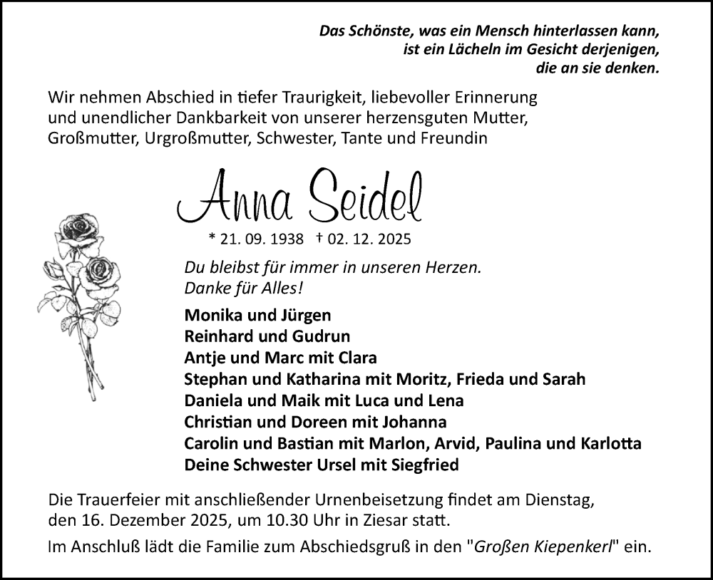  Traueranzeige für Anna Seidel vom 13.12.2025 aus Märkische Oderzeitung