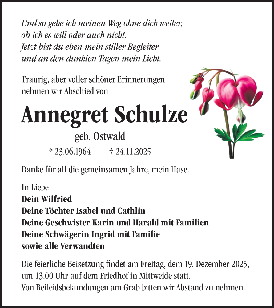  Traueranzeige für Annegret Schulze vom 02.12.2025 aus Märkische Oderzeitung
