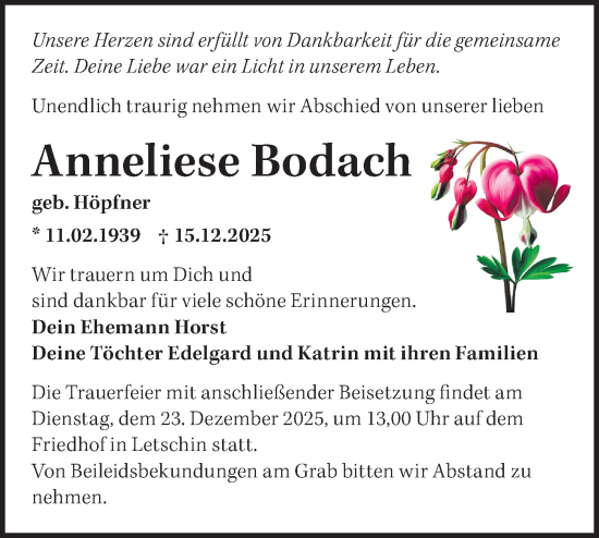Traueranzeige von Anneliese Bodach von MO Oderld.-Echo