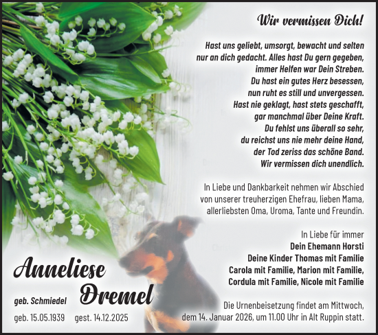 Traueranzeige von Anneliese Dremel von Märkische Oderzeitung