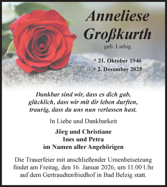 Traueranzeige von Anneliese Großkurth von Märkische Oderzeitung