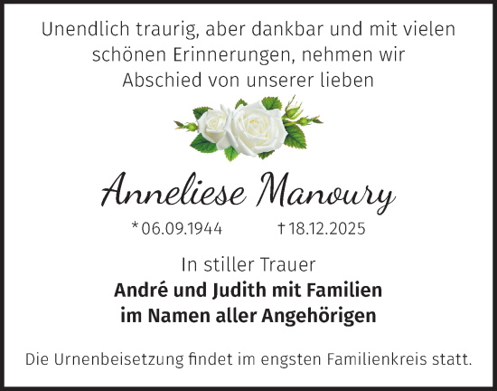 Traueranzeige von Anneliese Manoury von Märkische Oderzeitung
