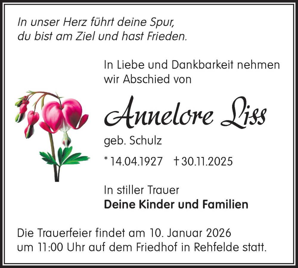  Traueranzeige für Annelore Liss vom 20.12.2025 aus Märkische Oderzeitung