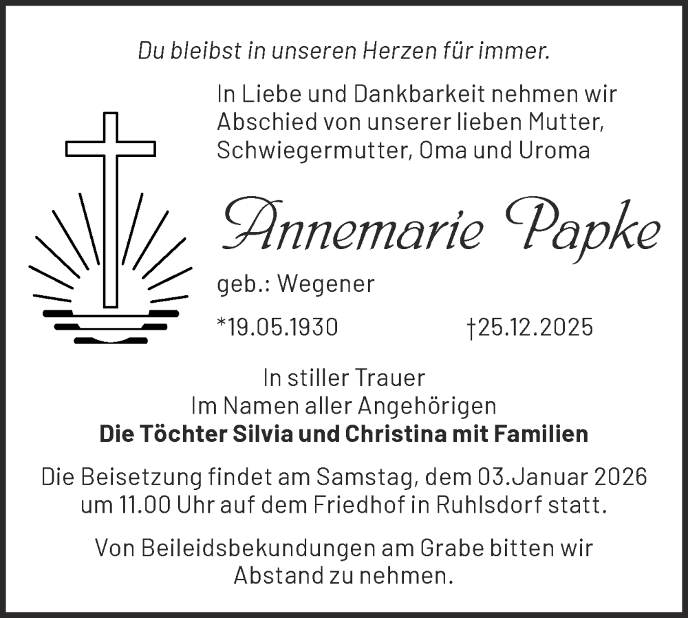  Traueranzeige für Annemarie Papke vom 30.12.2025 aus Märkische Oderzeitung