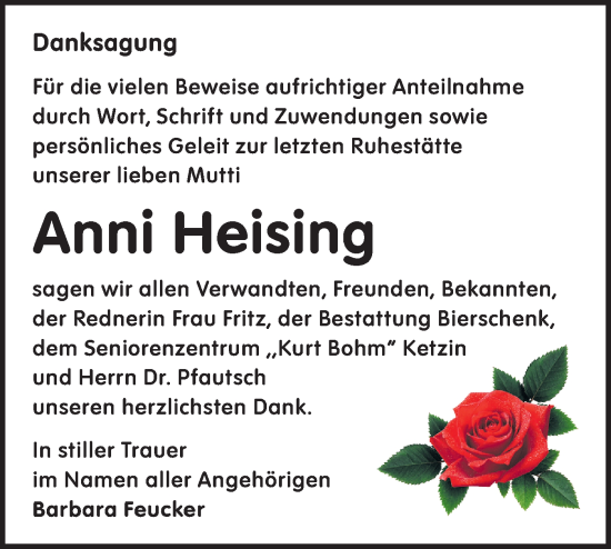 Traueranzeige von Anni Heising von Märkische Oderzeitung