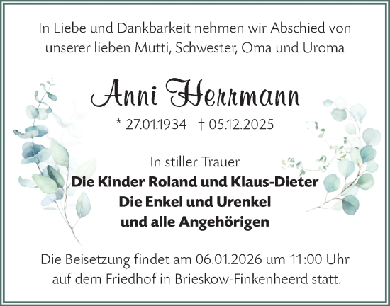 Traueranzeige von Anni Herrmann von Märkische Oderzeitung