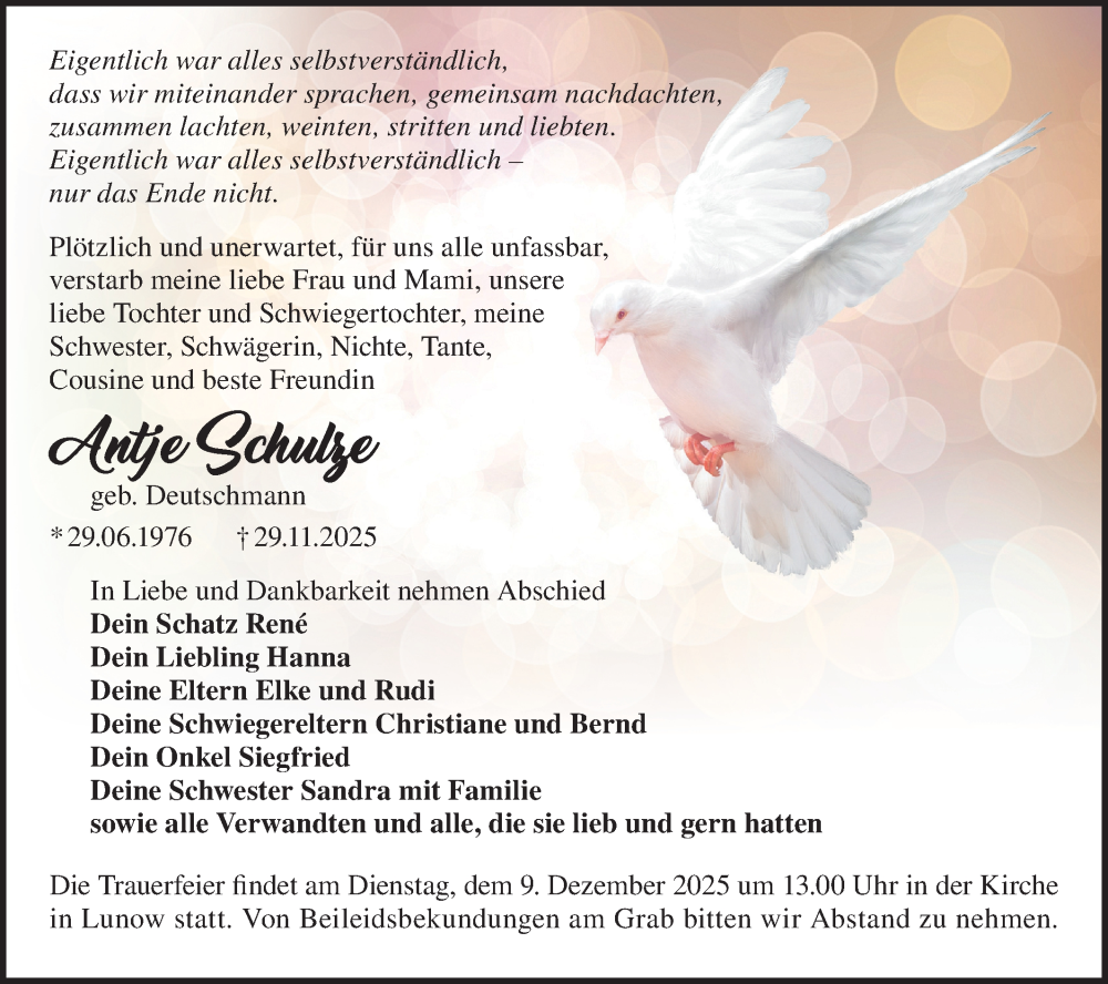  Traueranzeige für Antje Schulze vom 06.12.2025 aus MO Uckerm.-Anz.