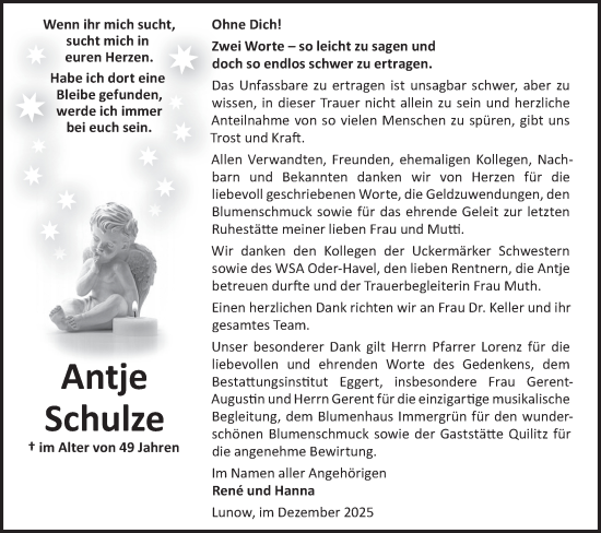 Traueranzeige von Antje Schulze von MO Uckerm.-Anz.