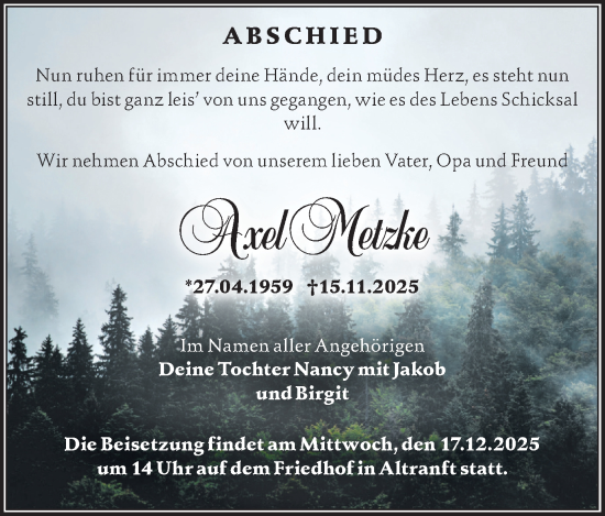 Traueranzeige von Axel Metzke von MO Oderld.-Echo