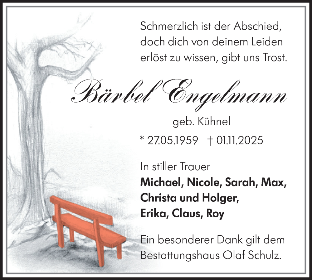  Traueranzeige für Bärbel Engelmann vom 20.12.2025 aus Märkische Oderzeitung