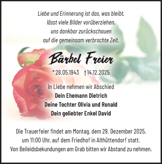 Traueranzeige von Bärbel Freier von Märkische Oderzeitung