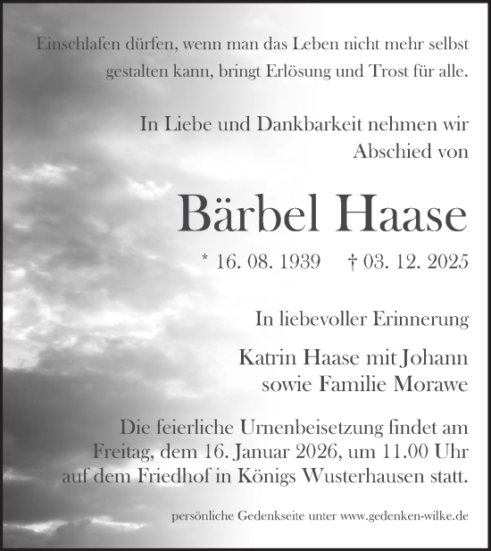 Traueranzeige von Bärbel Haase von Blickpunkt Königs Wusterhausen