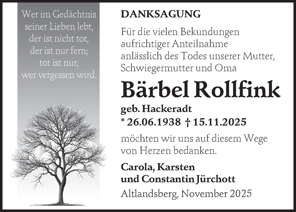  Traueranzeige für Bärbel Rollfink vom 06.12.2025 aus Märkische Oderzeitung
