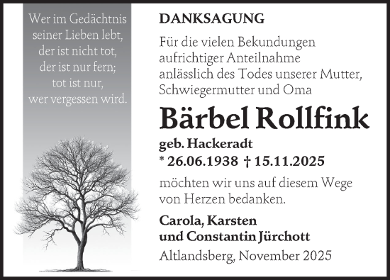 Traueranzeige von Bärbel Rollfink von Märkische Oderzeitung