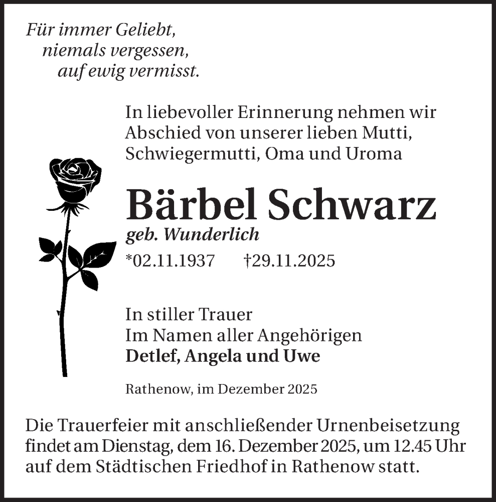  Traueranzeige für Bärbel Schwarz vom 06.12.2025 aus Märkische Oderzeitung