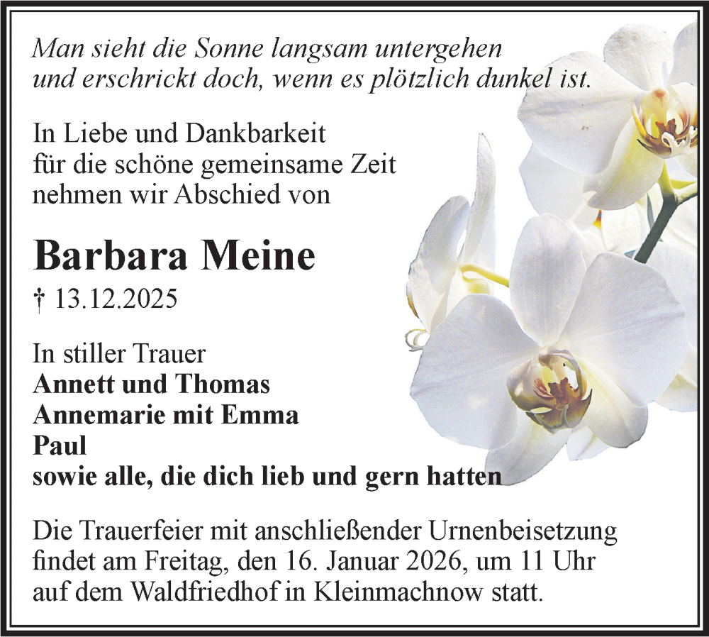  Traueranzeige für Barbara Meine vom 20.12.2025 aus Blickpunkt Potsdam/Werder