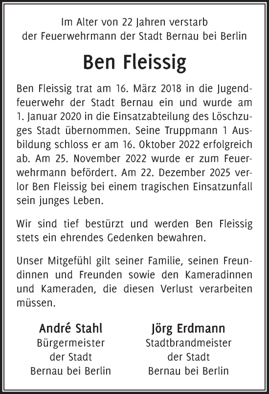 Traueranzeige von Ben Fleissig von Märkische Oderzeitung