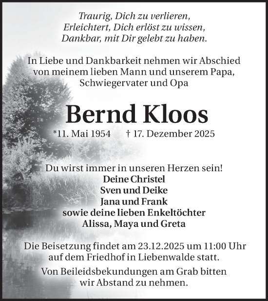 Traueranzeige von Bernd Kloos von Märkische Oderzeitung