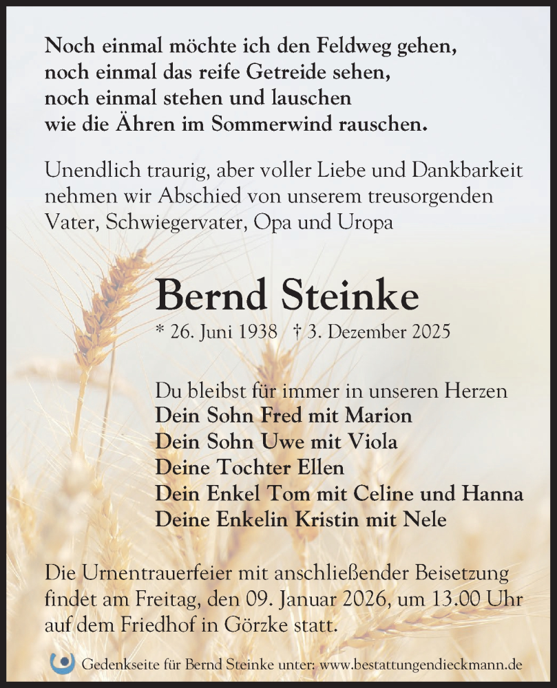  Traueranzeige für Bernd Steinke vom 13.12.2025 aus Märkische Oderzeitung
