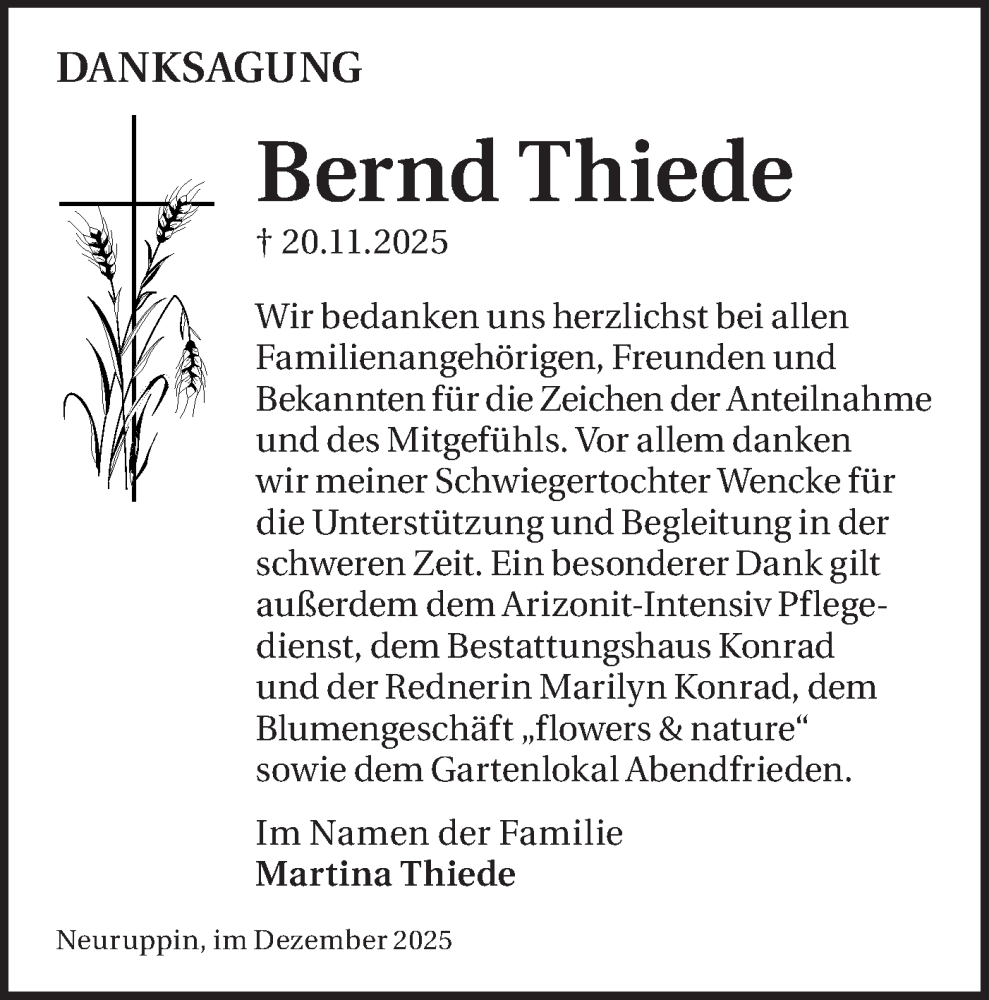  Traueranzeige für Bernd Thiede vom 13.12.2025 aus Märkische Oderzeitung