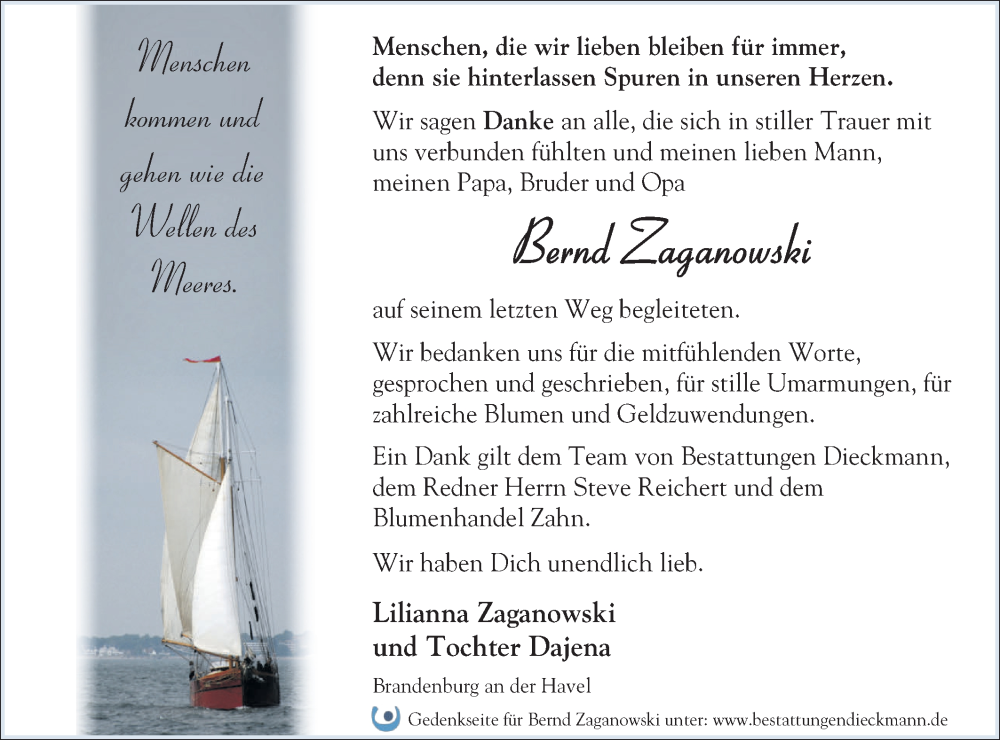  Traueranzeige für Bernd Zaganowski vom 13.12.2025 aus Märkische Oderzeitung