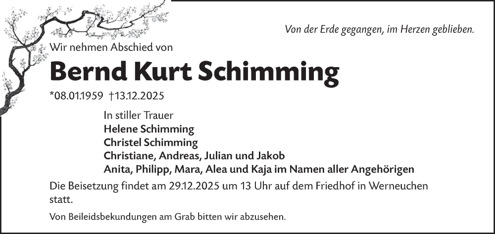 Traueranzeige für Bernd Kurt Schimming vom 29.12.2025 aus MO Uckerm.-Anz.