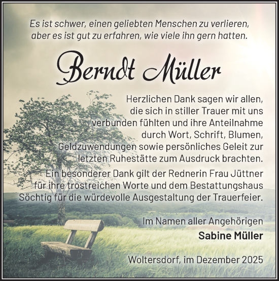 Traueranzeige von Berndt Müller von Märkische Oderzeitung