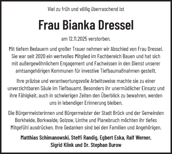 Traueranzeige von Bianka Dressel von Märkische Oderzeitung