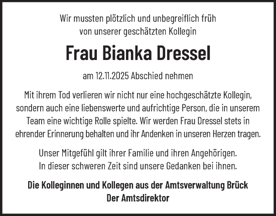 Traueranzeige von Bianka Dressel von Märkische Oderzeitung