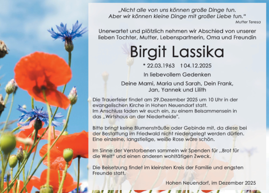 Traueranzeige von Birgit Lassika von Märkische Oderzeitung
