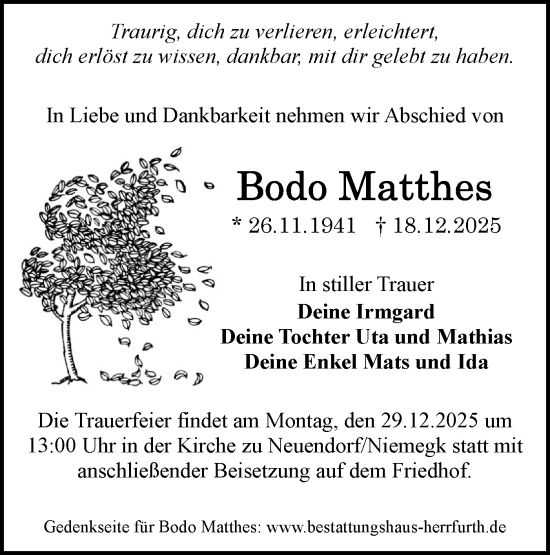 Traueranzeige von Bodo Matthes von Märkische Oderzeitung