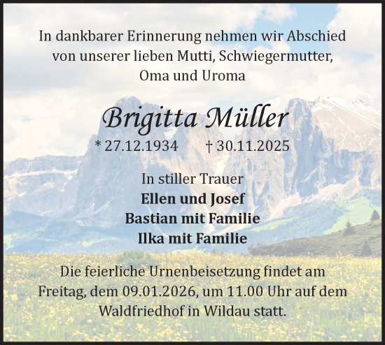 Traueranzeige von Brigitta Müller von Blickpunkt Königs Wusterhausen