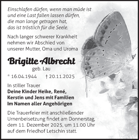 Traueranzeige von Brigitte Albrecht von MO Oderld.-Echo