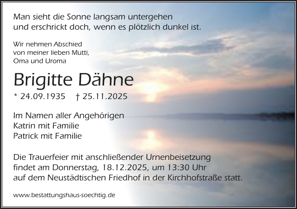  Traueranzeige für Brigitte Dähne vom 06.12.2025 aus Märkische Oderzeitung