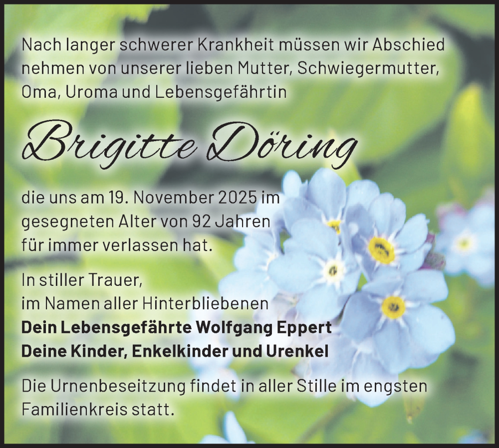  Traueranzeige für Brigitte Döring vom 13.12.2025 aus Märkische Oderzeitung