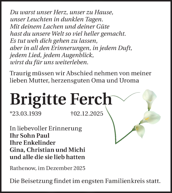 Traueranzeige von Brigitte Ferch von Märkische Oderzeitung