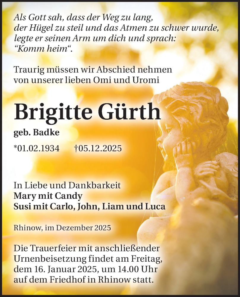  Traueranzeige für Brigitte Gürth vom 20.12.2025 aus Märkische Oderzeitung