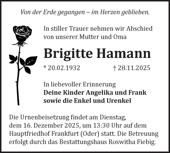 Traueranzeige von Brigitte Hamann von Märkische Oderzeitung