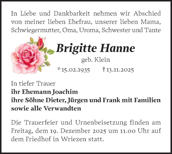 Traueranzeige von Brigitte Hanne von MO Oderld.-Echo