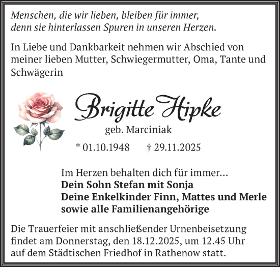 Traueranzeige von Brigitte Hipke von Märkische Oderzeitung