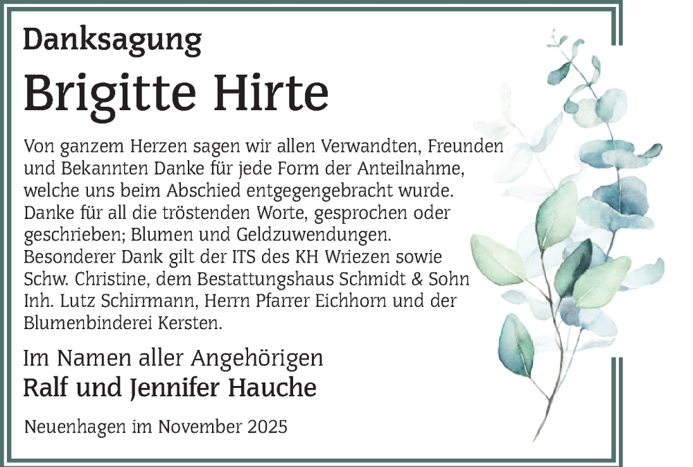  Traueranzeige für Brigitte Hirte vom 20.12.2025 aus MO Oderld.-Echo