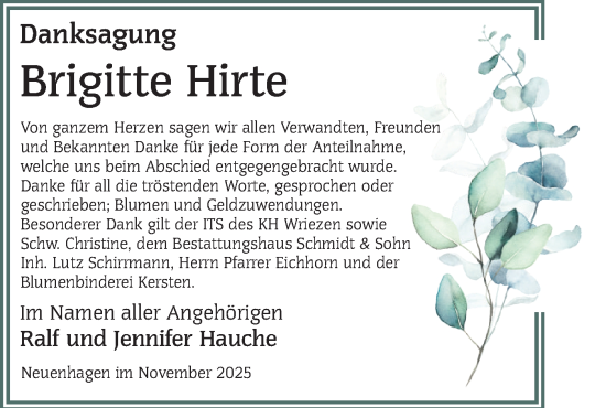 Traueranzeige von Brigitte Hirte von MO Oderld.-Echo