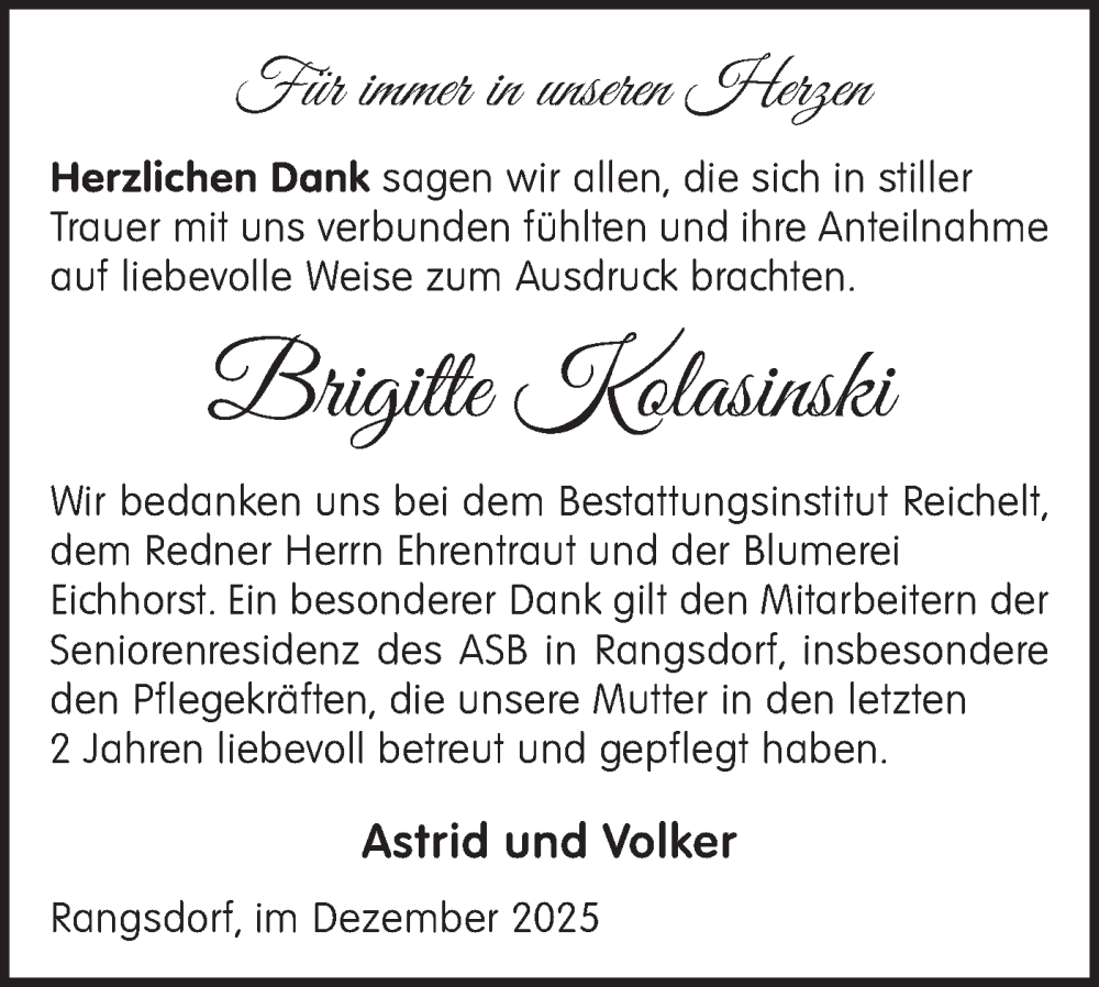  Traueranzeige für Brigitte Kolasinski vom 20.12.2025 aus Blickpunkt Ludwigsfelde/Zossen