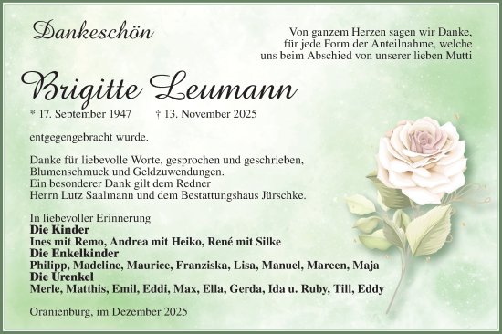 Traueranzeige von Brigitte Leumann von Märkische Oderzeitung