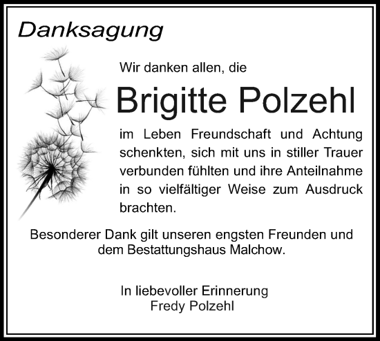 Traueranzeige von Brigitte Polzehl von Märkische Oderzeitung