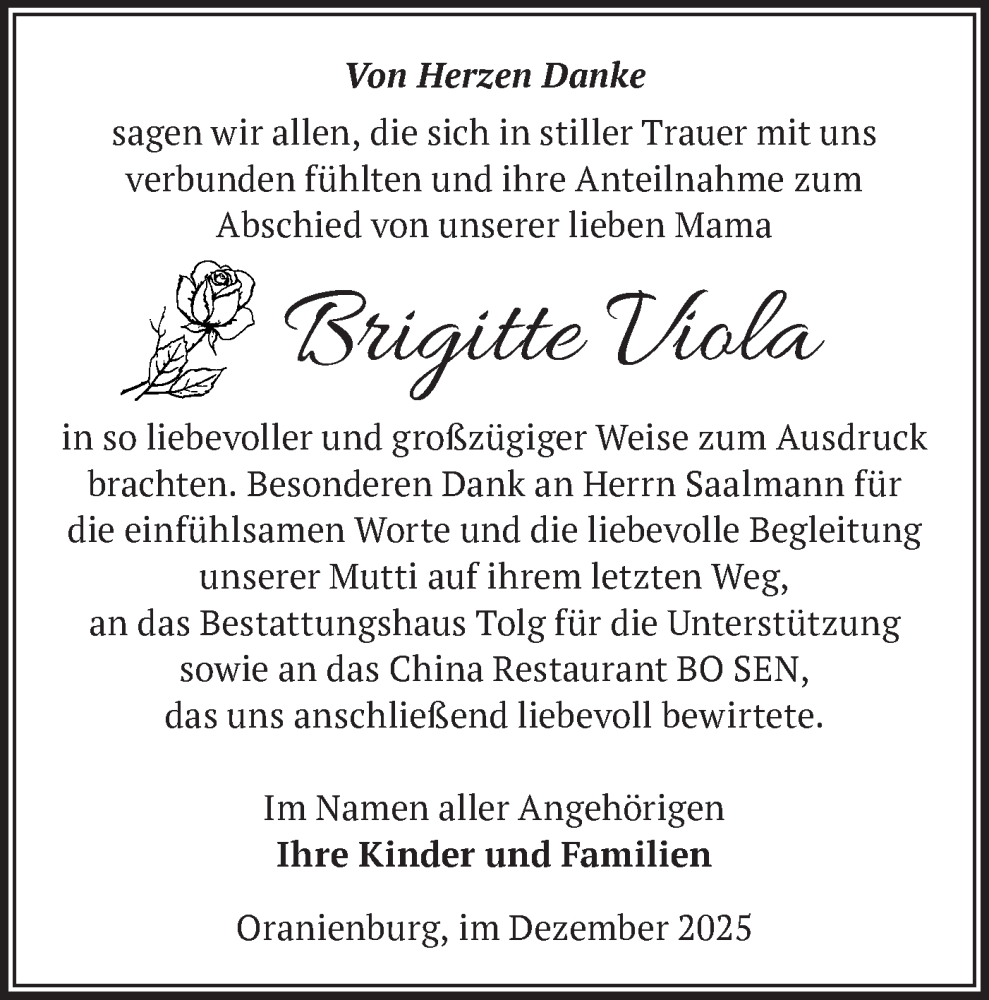  Traueranzeige für Brigitte Viola vom 20.12.2025 aus Märkische Oderzeitung