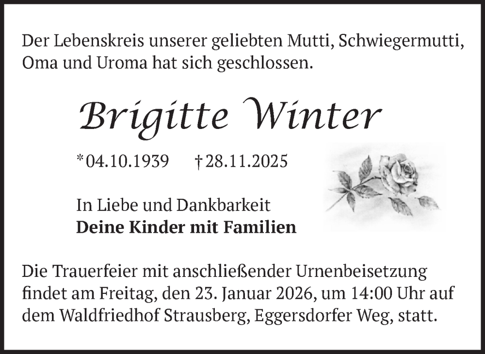  Traueranzeige für Brigitte Winter vom 13.12.2025 aus Märkische Oderzeitung