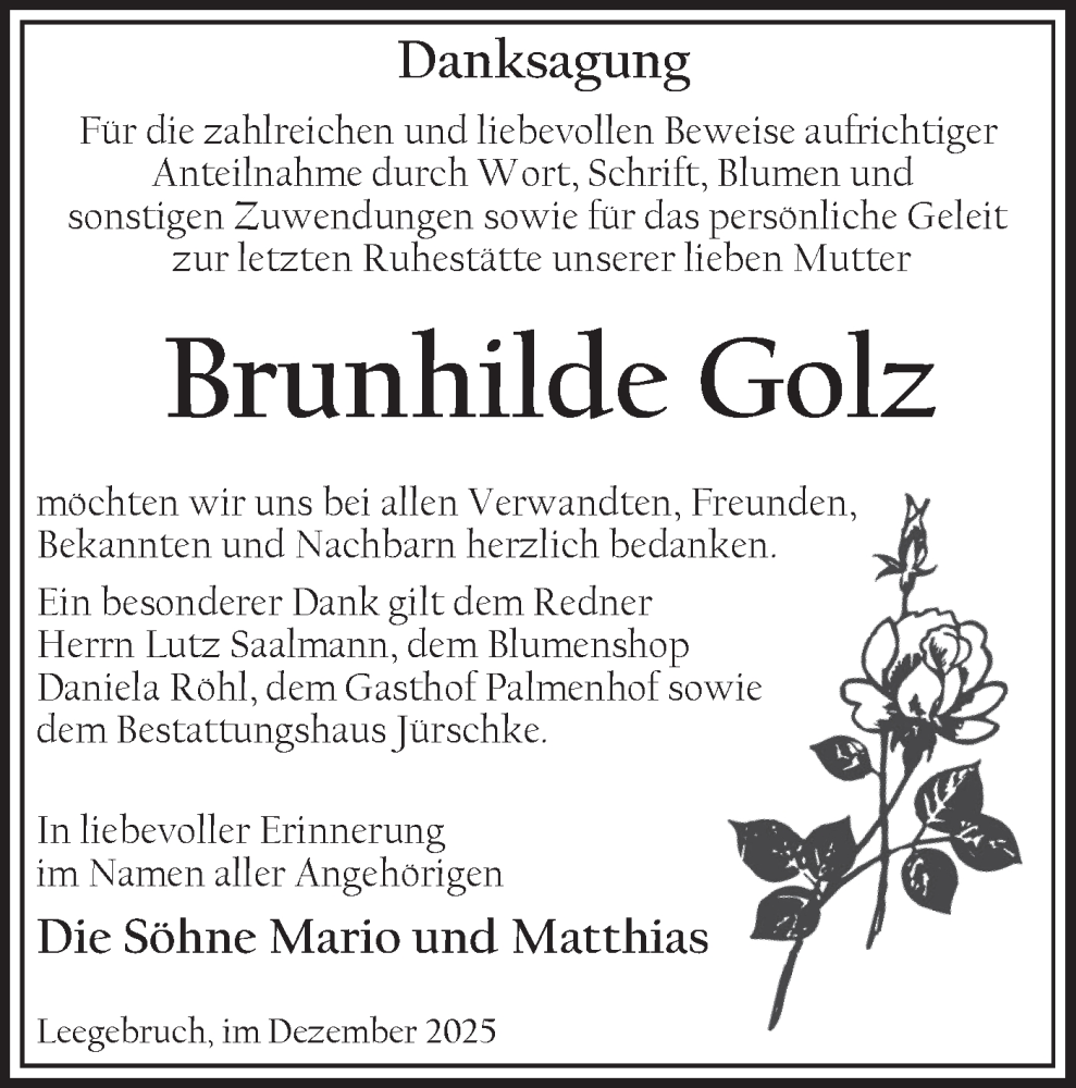  Traueranzeige für Brunhilde Golz vom 06.12.2025 aus Märkische Oderzeitung